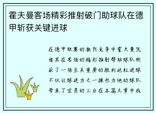 霍夫曼客场精彩推射破门助球队在德甲斩获关键进球
