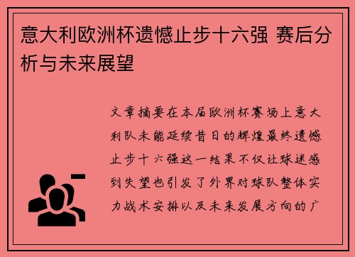 意大利欧洲杯遗憾止步十六强 赛后分析与未来展望 意大利欧洲杯遗憾止步十六强 赛后分析与未来展望