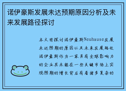 诺伊豪斯发展未达预期原因分析及未来发展路径探讨 诺伊豪斯发展未达预期原因分析及未来发展路径探讨