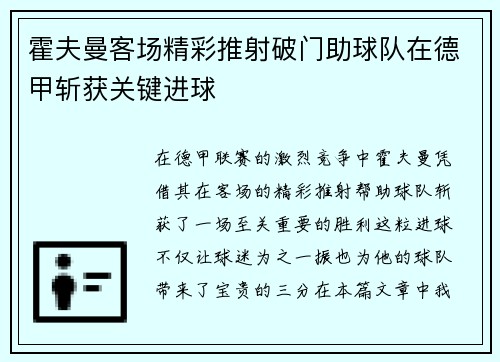 霍夫曼客场精彩推射破门助球队在德甲斩获关键进球